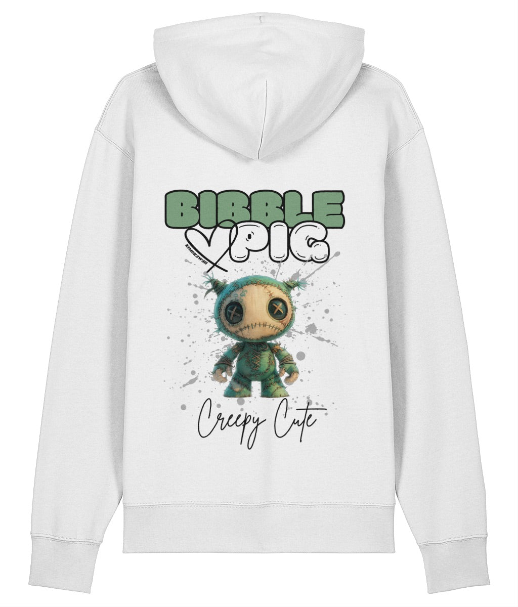 Back view of a white oversized organic hoodie with our Bibble Pig Signature Bold Logo and Creepy Cute Night Terror Doll Graphic.  