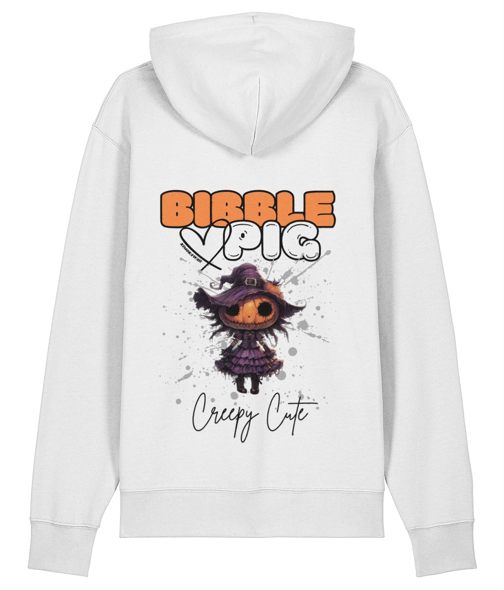 Back view of a white oversized organic hoodie with our Bibble Pig Signature Bold Logo and Creepy Cute Pumpkin Willow Doll Graphic. 