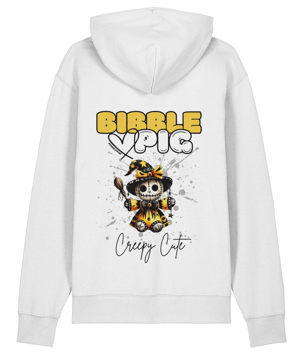 Back view of a white oversized organic hoodie with our Bibble Pig Signature Bold Logo and Creepy Cute Soul Creeper Doll Graphic.