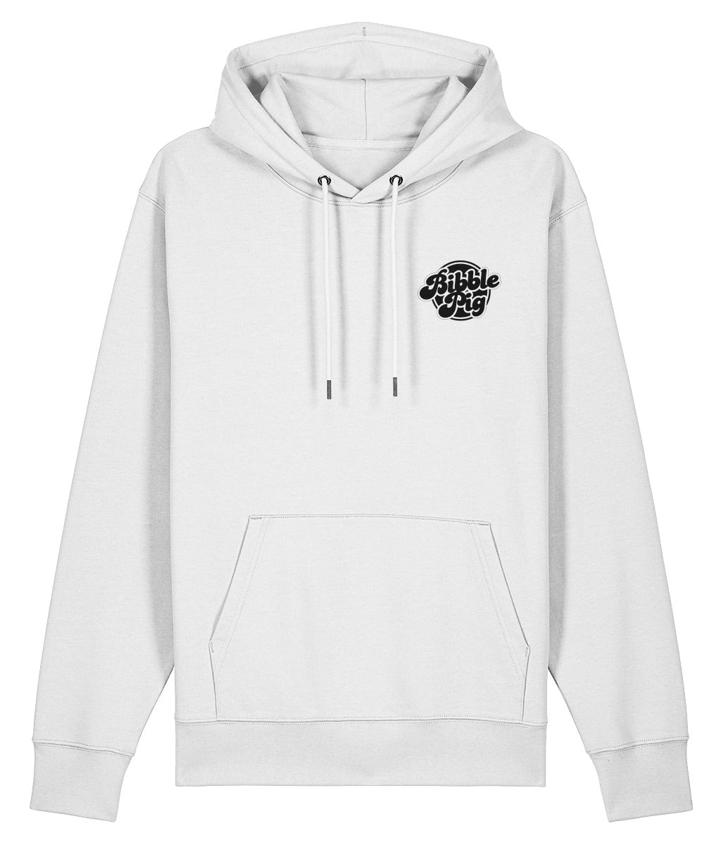 Front view of a white oversized organic hoodie with our Bibble Pig Bold Logo.