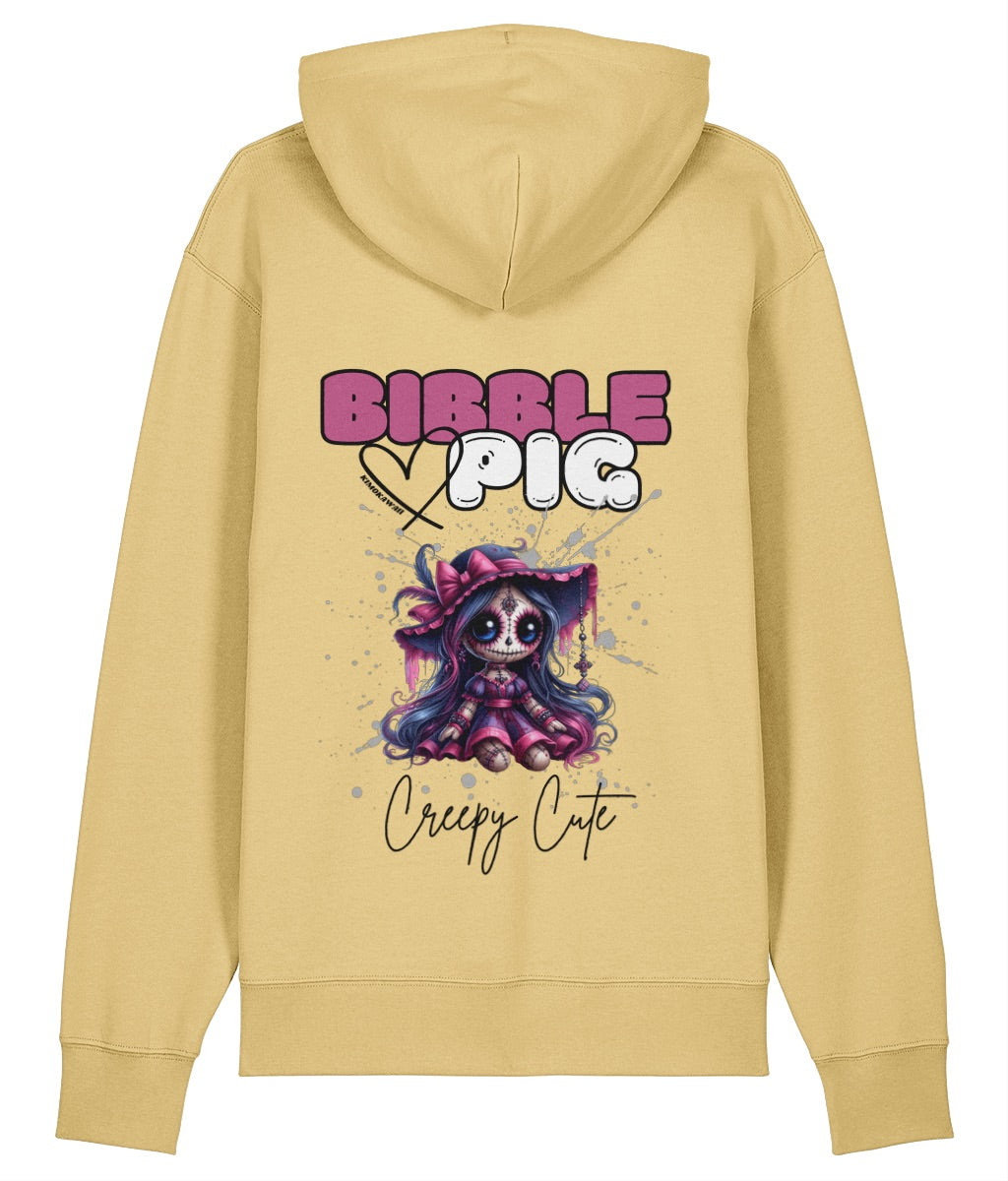 Back view of a yellow oversized organic hoodie with our Bibble Pig Signature Bold Logo and Creepy Cute Hexberry Doll Graphic.