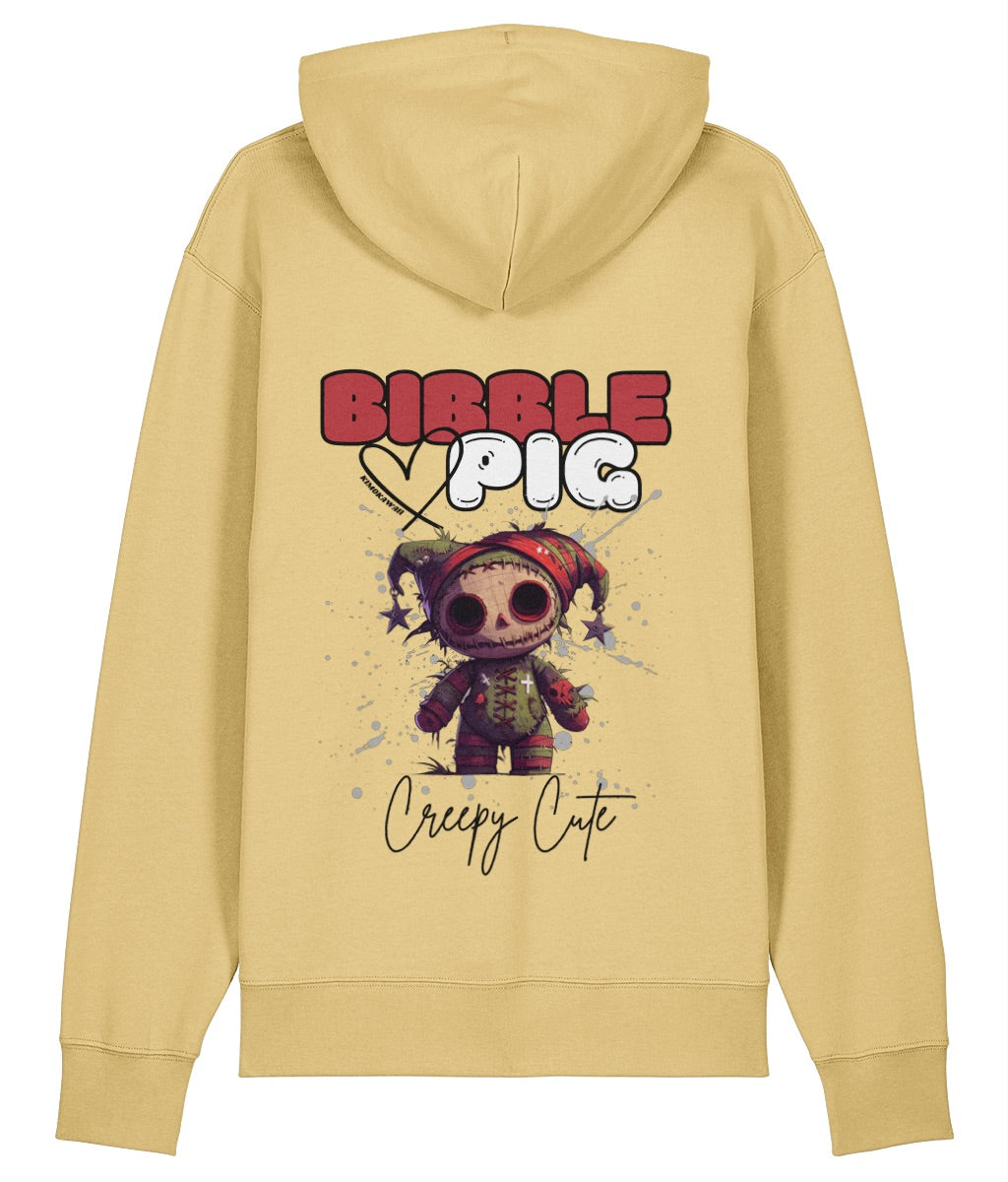 Yellow organic hoodie with a voodoo style doll graphic and large Bibble Pig Logo and large heart.