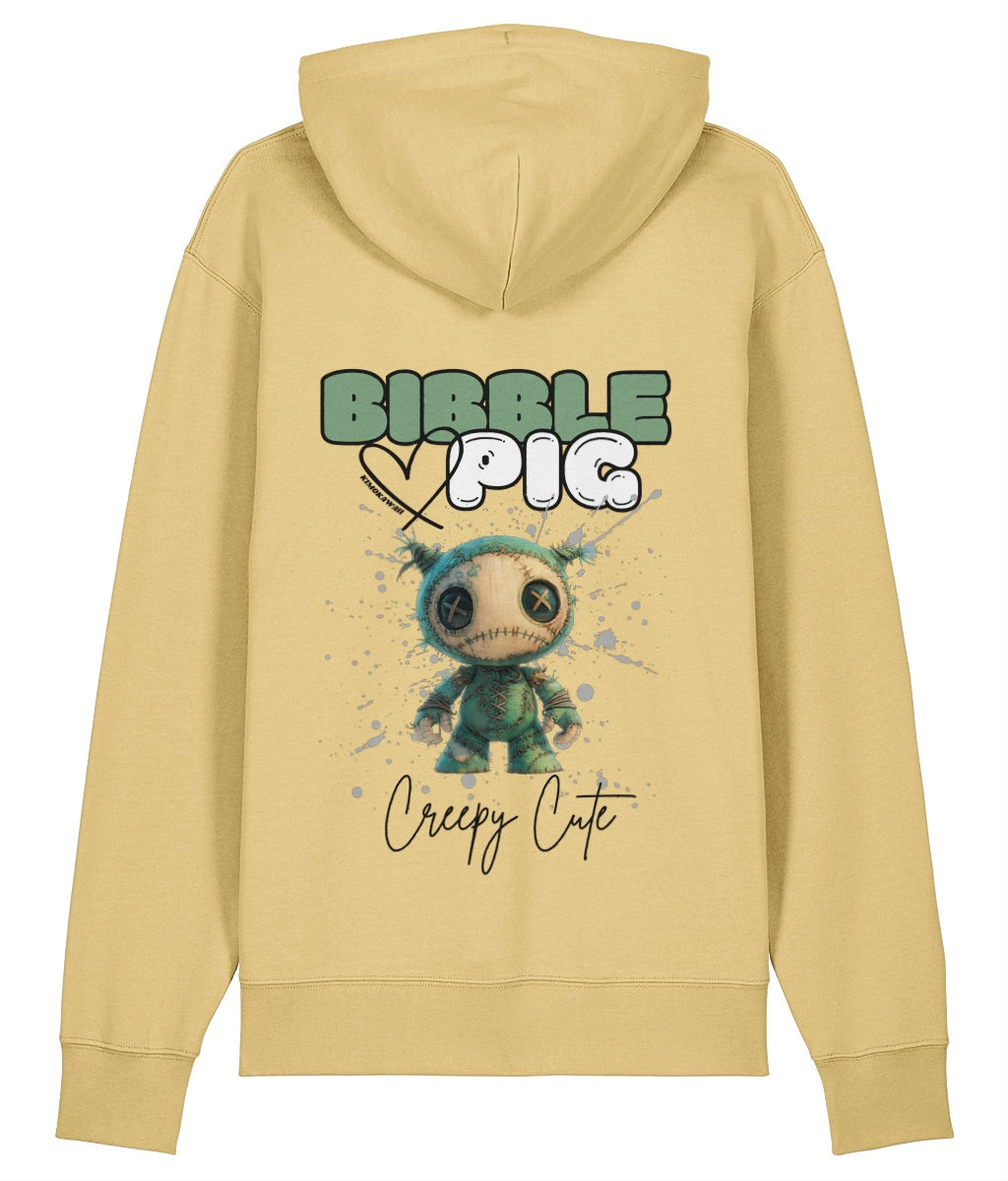 Back view of a yellow oversized organic hoodie with our Bibble Pig Signature Bold Logo and Creepy Cute Night Terror Doll Graphic. 