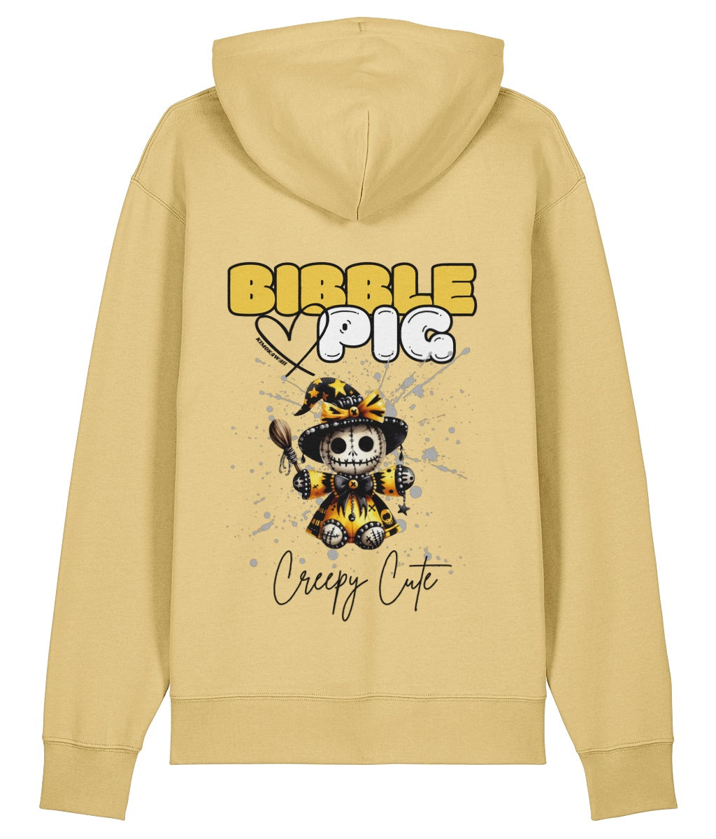 Back view of a yellow oversized organic hoodie with our Bibble Pig Signature Bold Logo and Creepy Cute Soul Creeper Doll Graphic.